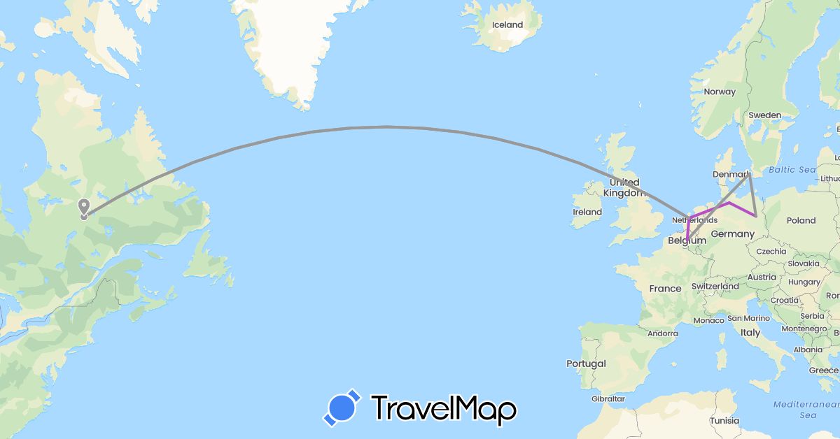TravelMap itinerary: driving, plane, train in Belgium, Canada, Germany, Denmark, Netherlands (Europe, North America)